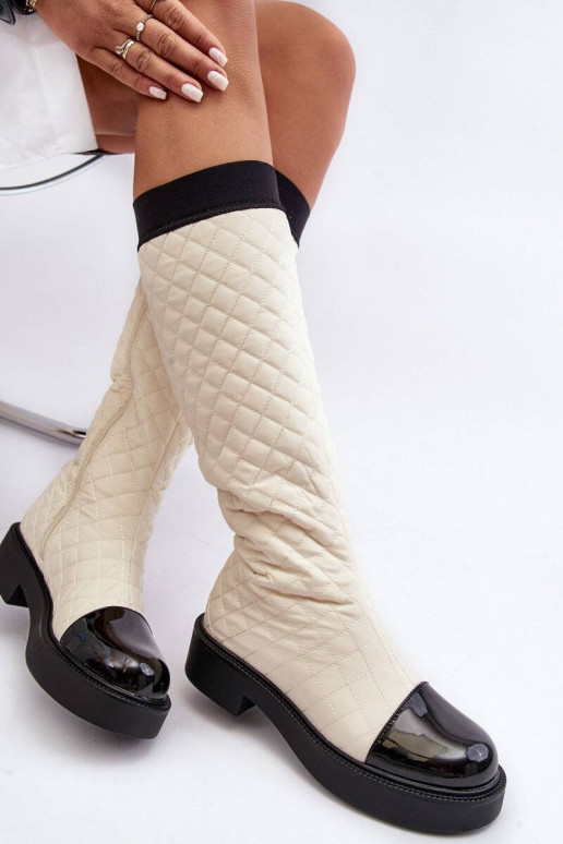 Beige gesteppte lange Amalfri-Stiefel mit breiten Absätzen