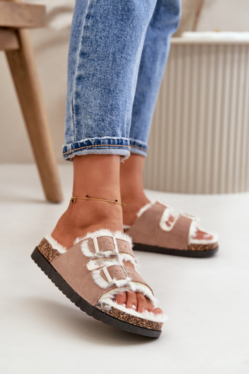 Feminin Hausschuhe Hausschuhe mit Schnallen und ein Pelzmantel Beige Ezilena 2