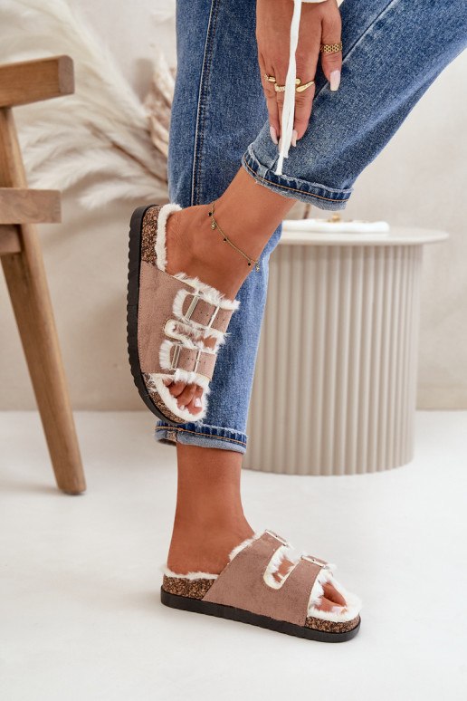 Feminin Hausschuhe Hausschuhe mit Schnallen und ein Pelzmantel Beige Ezilena Feminin Hausschuhe Hausschuhe mit Schnallen und ein Pelzmantel Beige Ezilena