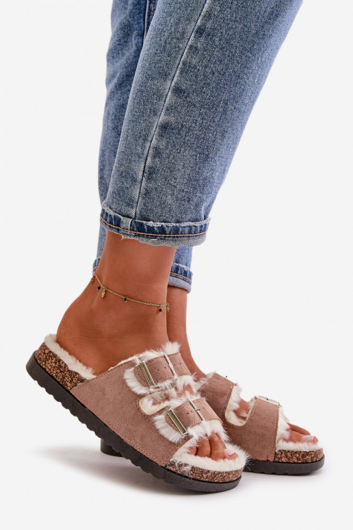 Feminin Hausschuhe Hausschuhe mit Schnallen und ein Pelzmantel Beige Ezilena Feminin Hausschuhe Hausschuhe mit Schnallen und ein Pelzmantel Beige Ezilena