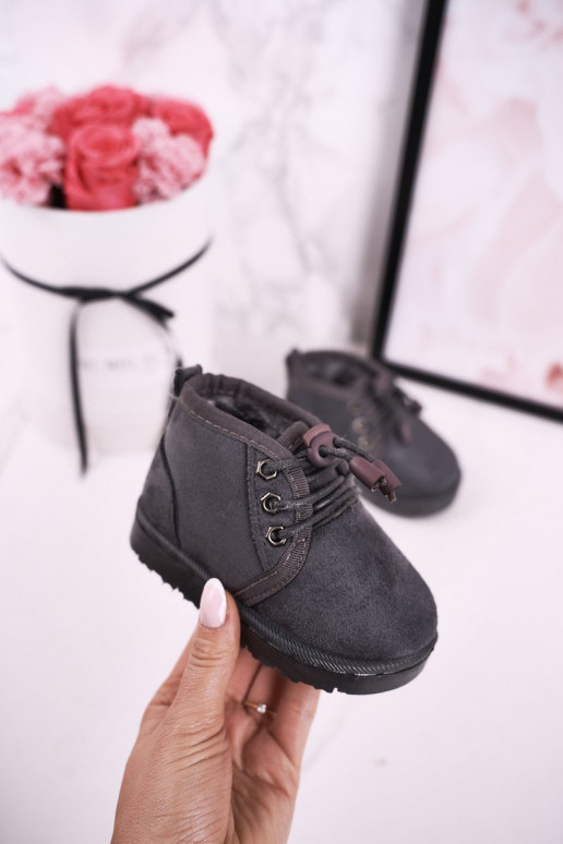 Schnür-Schneestiefel für Kinder mit Fell in Grau Hunter