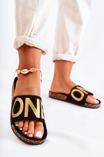 Klassisches Modell, auffälliges Modell, Flip-Flops mit der Aufschrift „Bahari“ in Schwarz und Gold 2