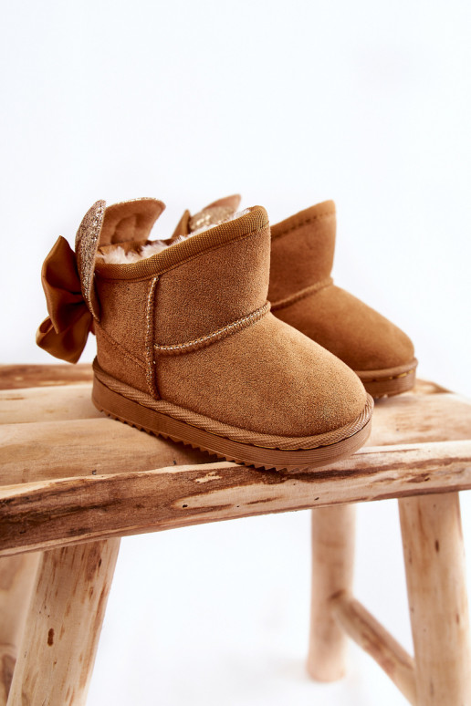 Warme Kinder-Schneestiefel mit Bändern in der braunen Farbe Meriva Warme Kinder-Schneestiefel mit Bändern in der braunen Farbe Meriva