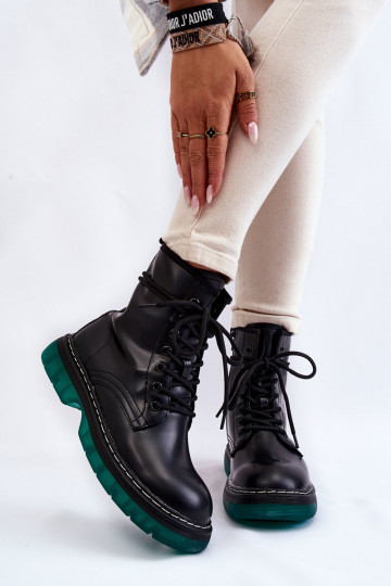 Schwarze Trinah-Schnürstiefel für Damen in Grün mit Plateausohle