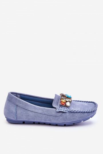 Elegante Wildleder-Mokassins mit glänzenden Ösen in der blauen Lucille-Farbe