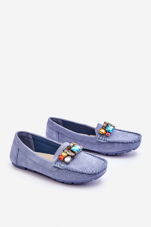 Elegante Wildleder-Mokassins mit glänzenden Ösen in der blauen Lucille-Farbe