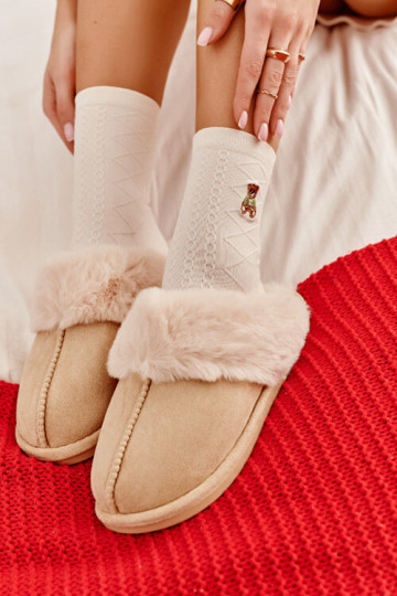 Hausschuhe mit Fell in Elfenbein Pinky