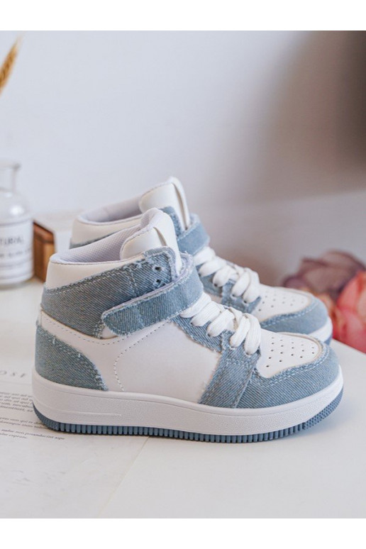 Kinder-Sportschuhe Denim-Material Weiß-blaue Farbe Milara Kinder-Sportschuhe Denim-Material Weiß-blaue Farbe Milara