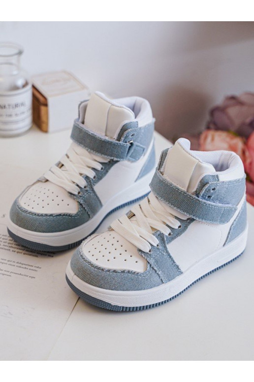 Kinder-Sportschuhe Denim-Material Weiß-blaue Farbe Milara Kinder-Sportschuhe Denim-Material Weiß-blaue Farbe Milara