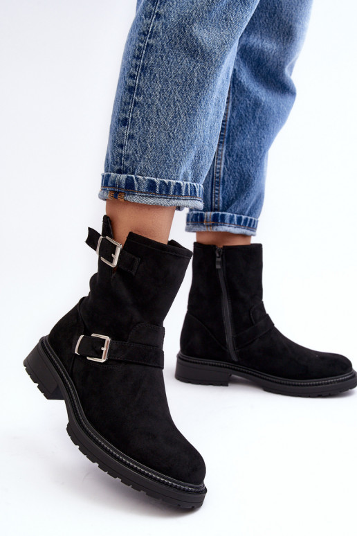 Bliggore Damen-Stiefeletten mit breitem Absatz und Schnalle in Schwarz Bliggore Damen-Stiefeletten mit breitem Absatz und Schnalle in Schwarz