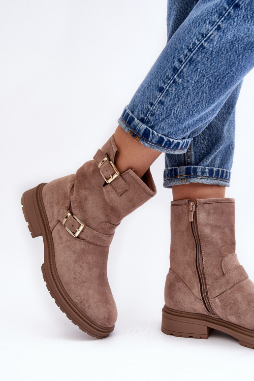 Beige Bliggore Damenstiefel mit breitem Absatz und Schnalle