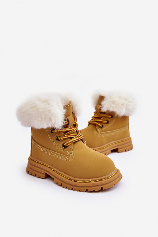 Kinder-Schnürstiefel mit Reißverschluss mit Fell in braunem Gerande