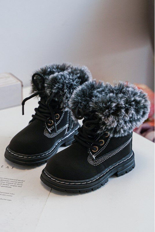 Kinder-Schnürstiefel mit Reißverschluss und Fell in schwarzem Gerande