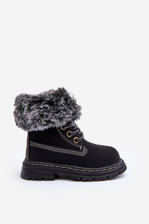Kinder-Schnürstiefel mit Reißverschluss und Fell in schwarzem Gerande