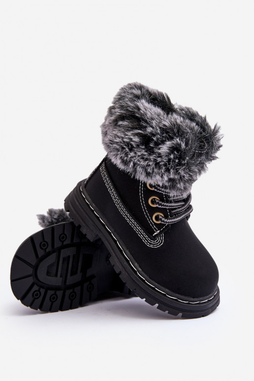 Kinder-Schnürstiefel mit Reißverschluss und Fell in schwarzem Gerande