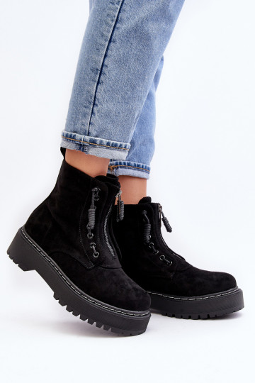 Wildlederschuhe Damen-Stiefeletten mit massiver Sohle und Reißverschlüssen in der Farbe Schwarz von Edivam