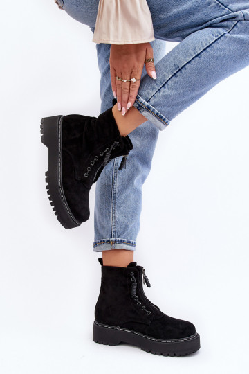 Wildlederschuhe Damen-Stiefeletten mit massiver Sohle und Reißverschlüssen in der Farbe Schwarz von Edivam 2