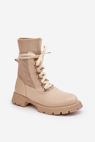 Elfenbeinfarbene Gentiana-Stiefeletten mit Schnürsenkeln