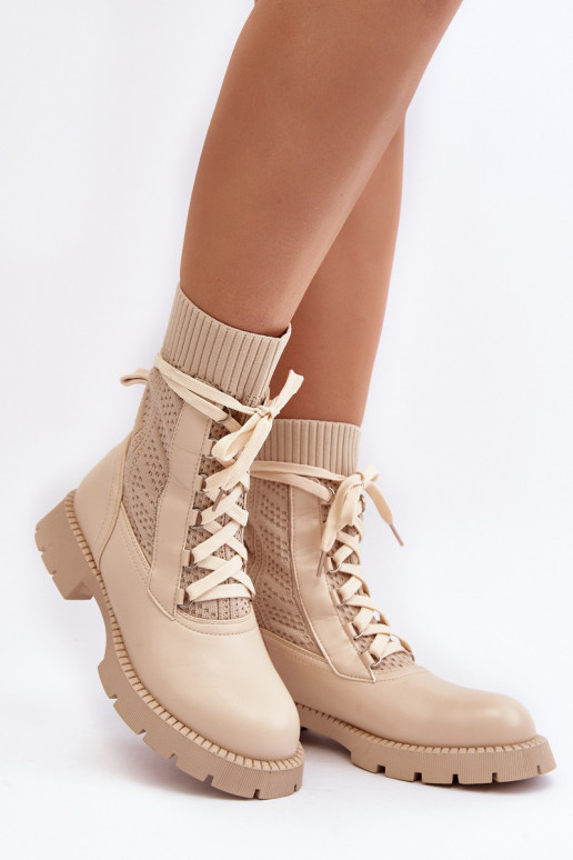 Elfenbeinfarbene Gentiana-Stiefeletten mit Schnürsenkeln