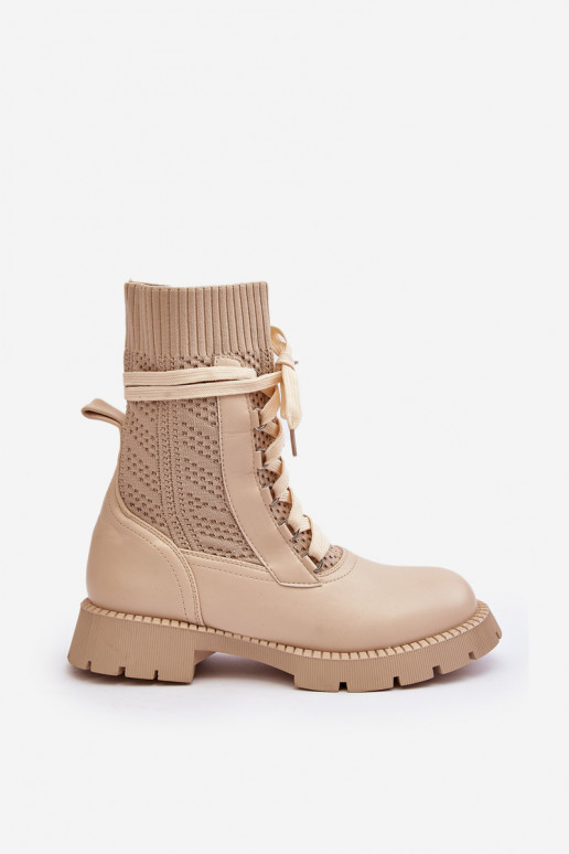 Elfenbeinfarbene Gentiana-Stiefeletten mit Schnürsenkeln