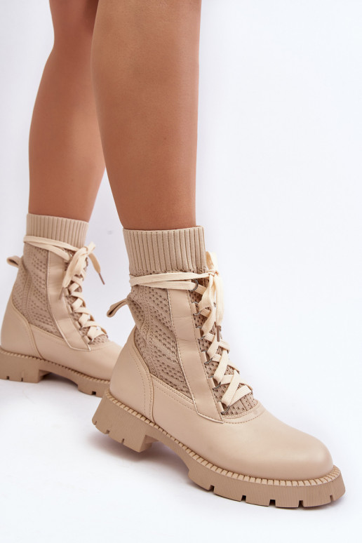 Elfenbeinfarbene Gentiana-Stiefeletten mit Schnürsenkeln