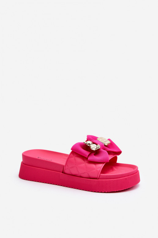 Damenhausschuhe mit Schleife und Bär in Fuchsia von Katterina