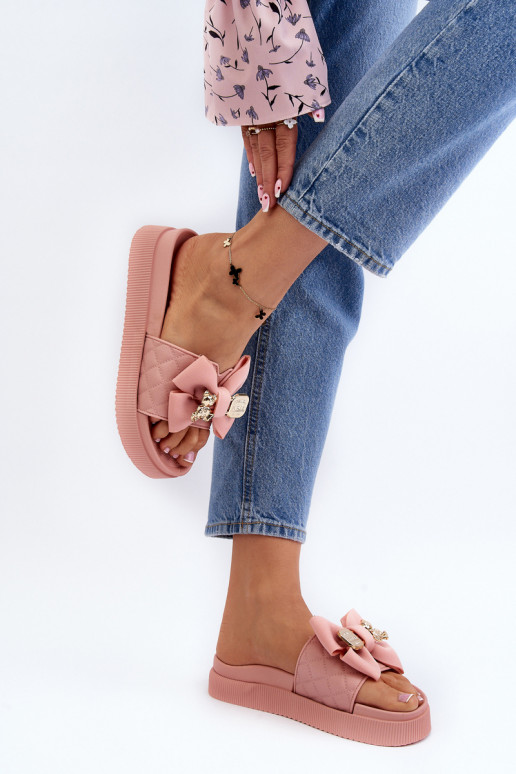 Damenhausschuhe mit Schleife und Bär, Rožinė Katterina Damenhausschuhe mit Schleife und Bär, Rožinė Katterina