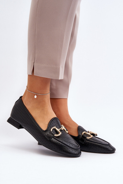 Damen-Mokassins mit weitem Absatz und Ornamenten in Schwarz Iluvana