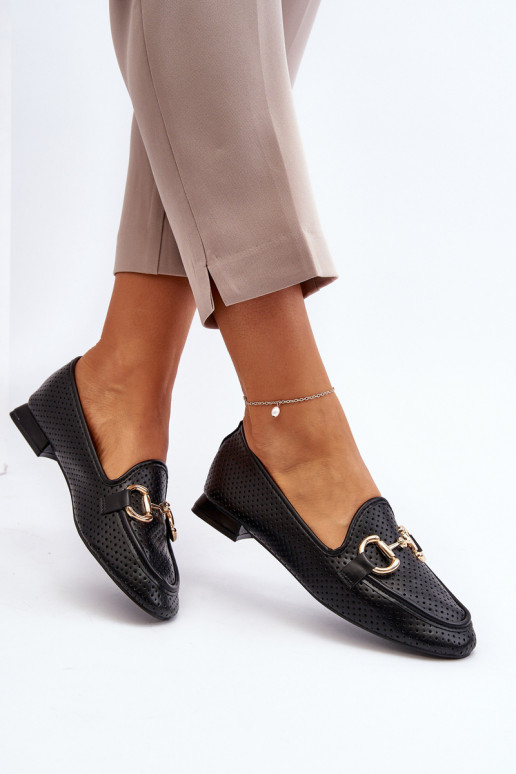 Damen-Mokassins mit weitem Absatz und Ornamenten in Schwarz Iluvana