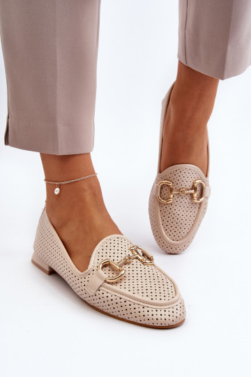 Damen-Mokassins mit breiten Absätzen und Ornamenten in Beige von Iluvana