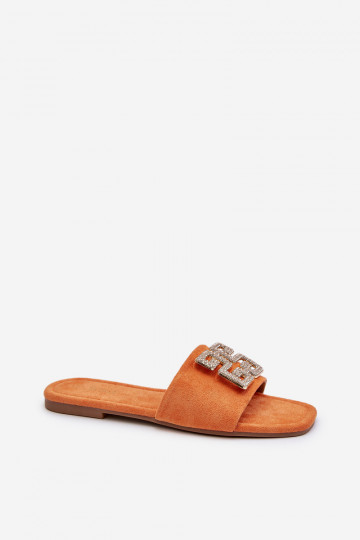 Damenhausschuhe mit breiten Absätzen und Ornamenten in der Farbe Orange Inaile