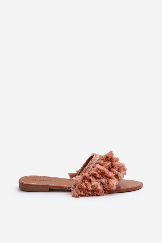 Plattfüße Damenhausschuhe mit Fransen in rosa Rialle Plattfüße Damenhausschuhe mit Fransen in rosa Rialle