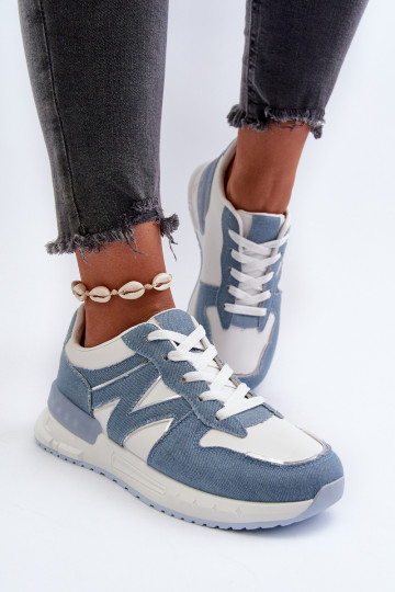 Jeans-Material, Sneakers-Modell, Schuhe aus Öko-Leder, blaue Farbe, Kaimans