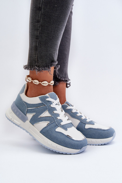 Jeans-Material, Sneakers-Modell, Schuhe aus Öko-Leder, blaue Farbe, Kaimans