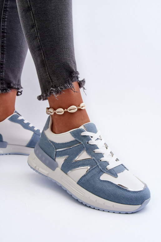 Jeans-Material, Sneakers-Modell, Schuhe aus Öko-Leder, blaue Farbe, Kaimans