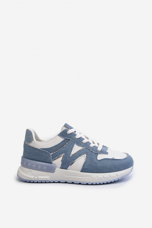 Jeans-Material, Sneakers-Modell, Schuhe aus Öko-Leder, blaue Farbe, Kaimans