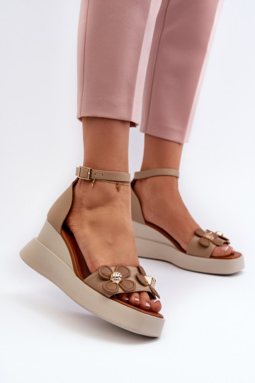Damensandalen mit Plateau I Koturnie mit Blumen beige Foviana 2