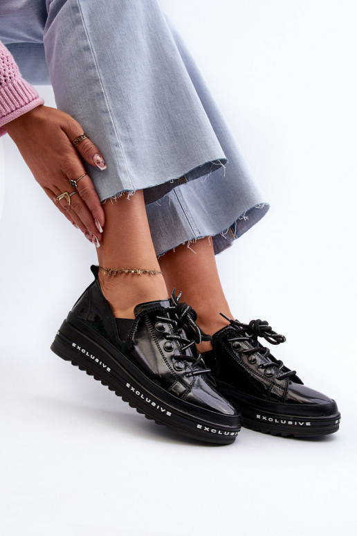 Schnürschuhe mit Plateau Naturleder S.Barski LR620 schwarze Farbe