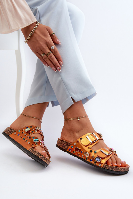 Verzierte Damenhausschuhe mit Schnallen S.Barski MY121 orange Farbe