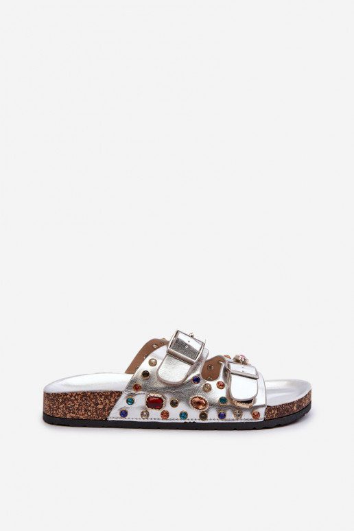 Verzierte Damenhausschuhe mit Schnallen S.Barski MY121 in Silberfarbe