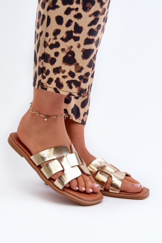 Damen-Flip-Flops mit flacher Sohle aus Öko-Leder in Goldfarbe Risamay