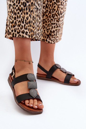 Flache Sandalen für Damen mit schönen Details Sergio Leone SK072H schwarze Farbe