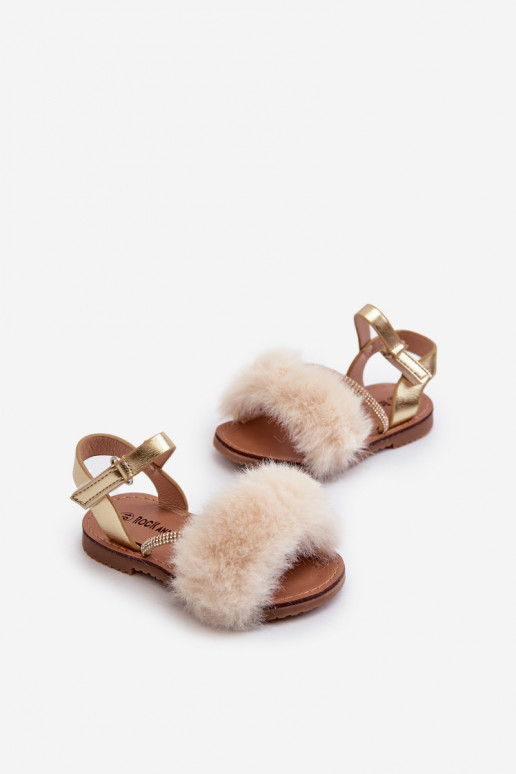 Sandalen für Kinder mit Klebeverschlüssen mit Fell, goldfarben Rosavere