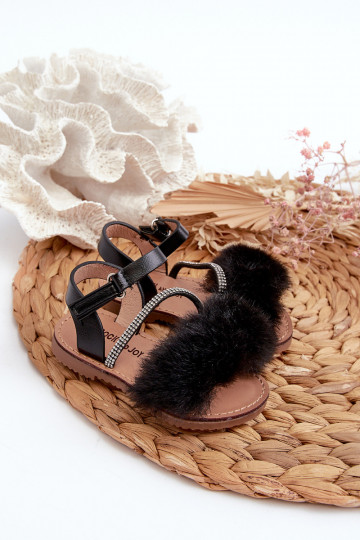 Sandalen Kinder mit Klebeverschlüssen mit Fell schwarz Farbe Rosavere