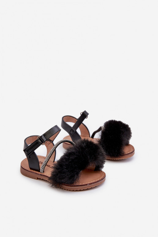 Sandalen Kinder mit Klebeverschlüssen mit Fell schwarz Farbe Rosavere