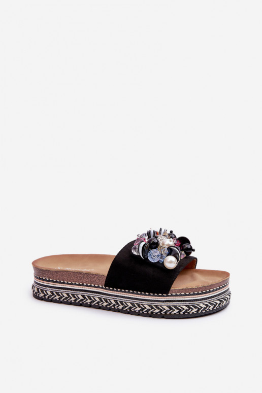 Damen-Flip-Flops mit Plateau und schönen Details S.Barski HY077 in schwarzer Farbe