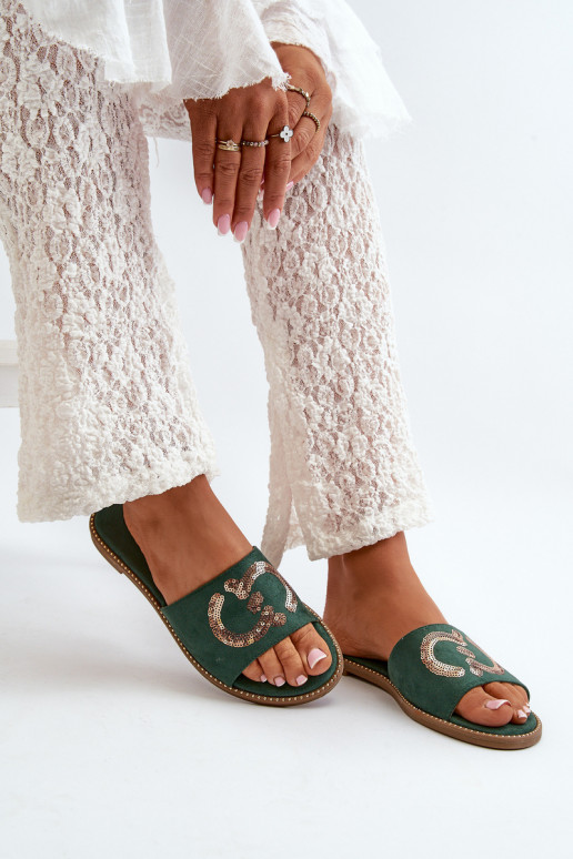 Flache Damenhausschuhe mit glänzenden Schuppen S.Barski KV27-052 in grüner Farbe Flache Damenhausschuhe mit glänzenden Schuppen S.Barski KV27-052 in grüner Farbe