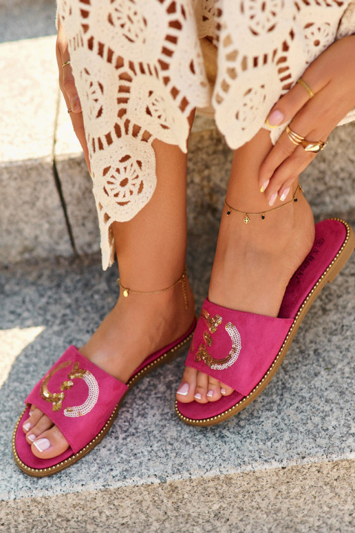 Flache Damenhausschuhe mit glänzenden Schuppen S.Barski KV27-052 rosa Farbe Flache Damenhausschuhe mit glänzenden Schuppen S.Barski KV27-052 rosa Farbe