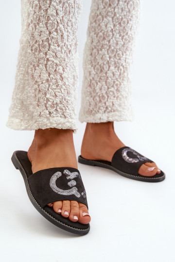 Flache Damenhausschuhe mit glänzenden Schuppen S.Barski KV27-052 in der Farbe Schwarz 2