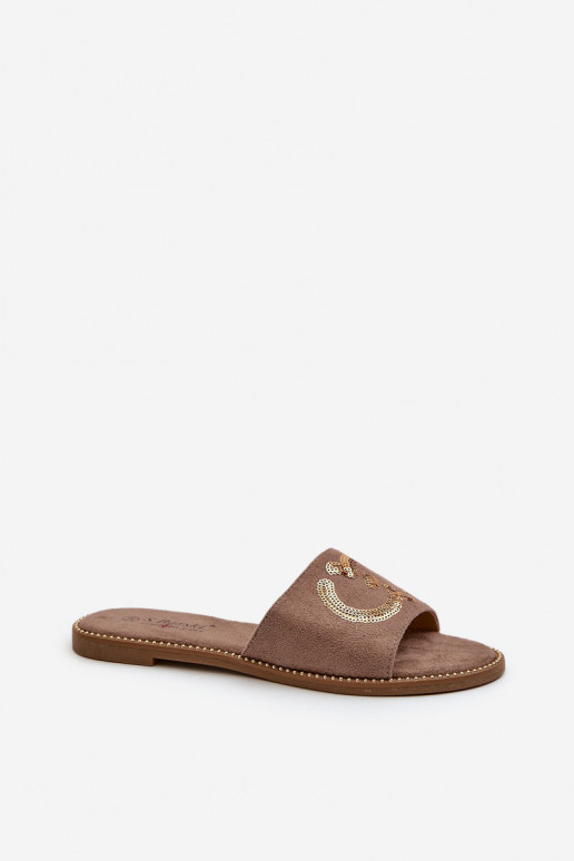 Flache Damenhausschuhe mit glänzenden Schuppen S.Barski KV27-052 in brauner Farbe Flache Damenhausschuhe mit glänzenden Schuppen S.Barski KV27-052 in brauner Farbe